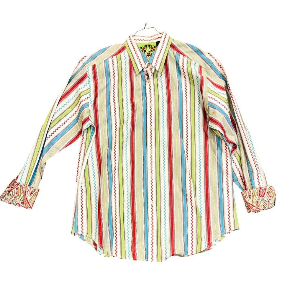 Robert Graham Mens XL Striped Embroidered Paisley Flipped Cuff Statement Shirt